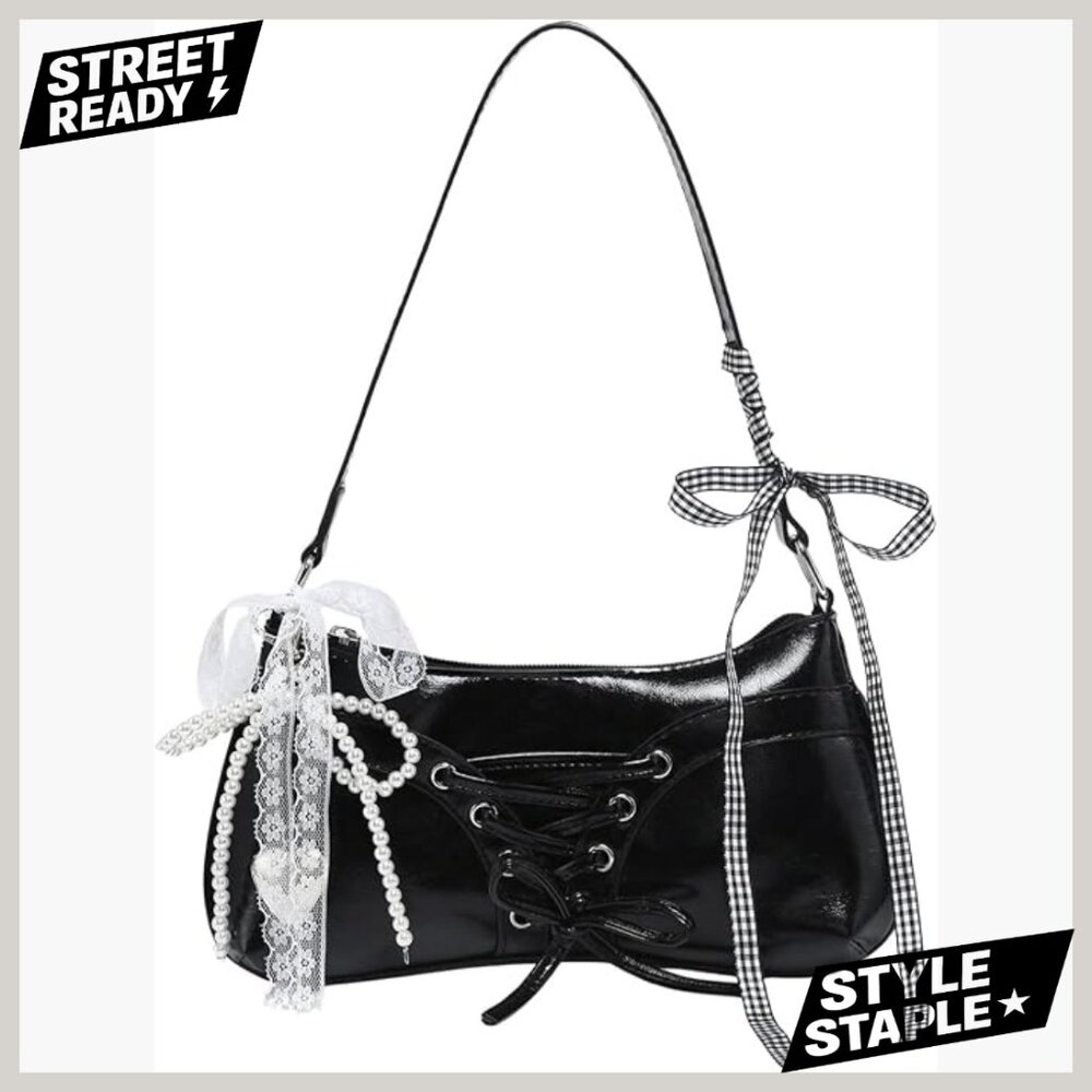 Vintage Y2K Shoulder Bag with Bow Lace PU Leather Handbag - Picture 1 of 5